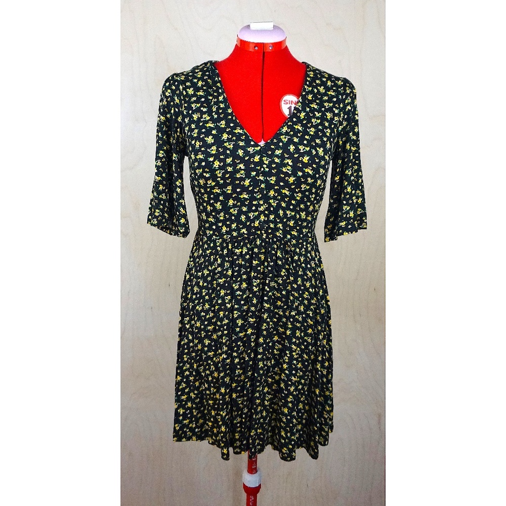 ASOS DESIGN Petite Mini Swing Dress in Black and Yellow Floral Print